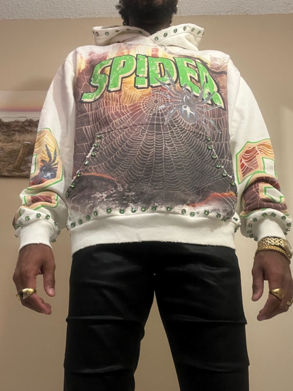 Stray Spider Graphic Rhinestone Cream Pullover Hoodie Men Size S